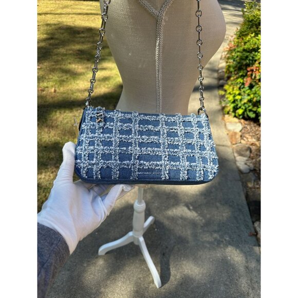 Michael Kors Empire Medium Frayed Blue Denim Chain-Link Pouchette 32S4S8EW6C - Picture 2 of 16